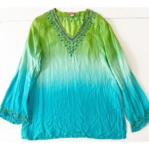 Glam Souls Tunic Top Women S/M Blue Green Silk Boho Beads Beach Resortwear Slit